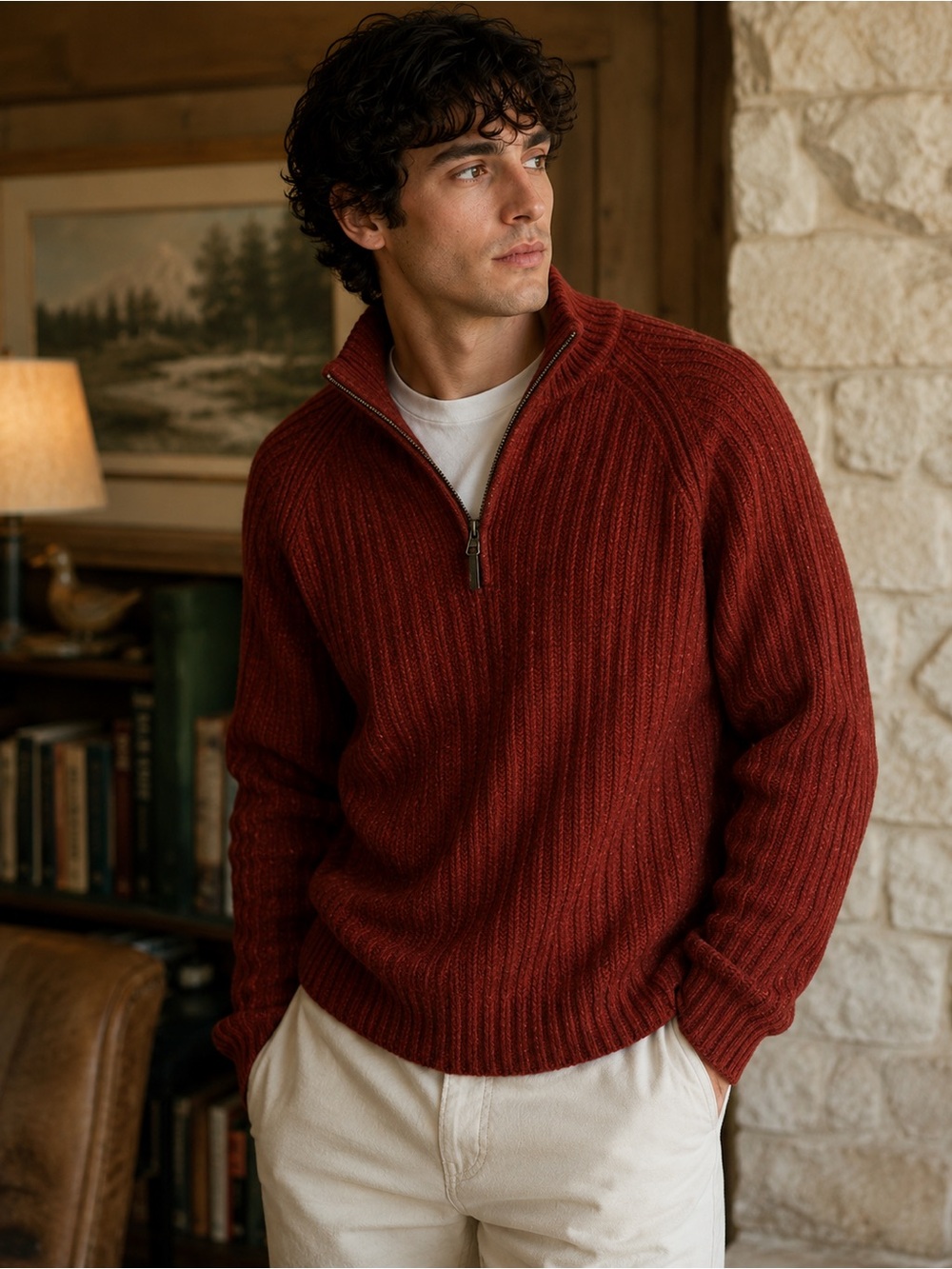 Eddie Bauer Lambswool Rust Red Ribbed Quarter Zip Sweater XL
